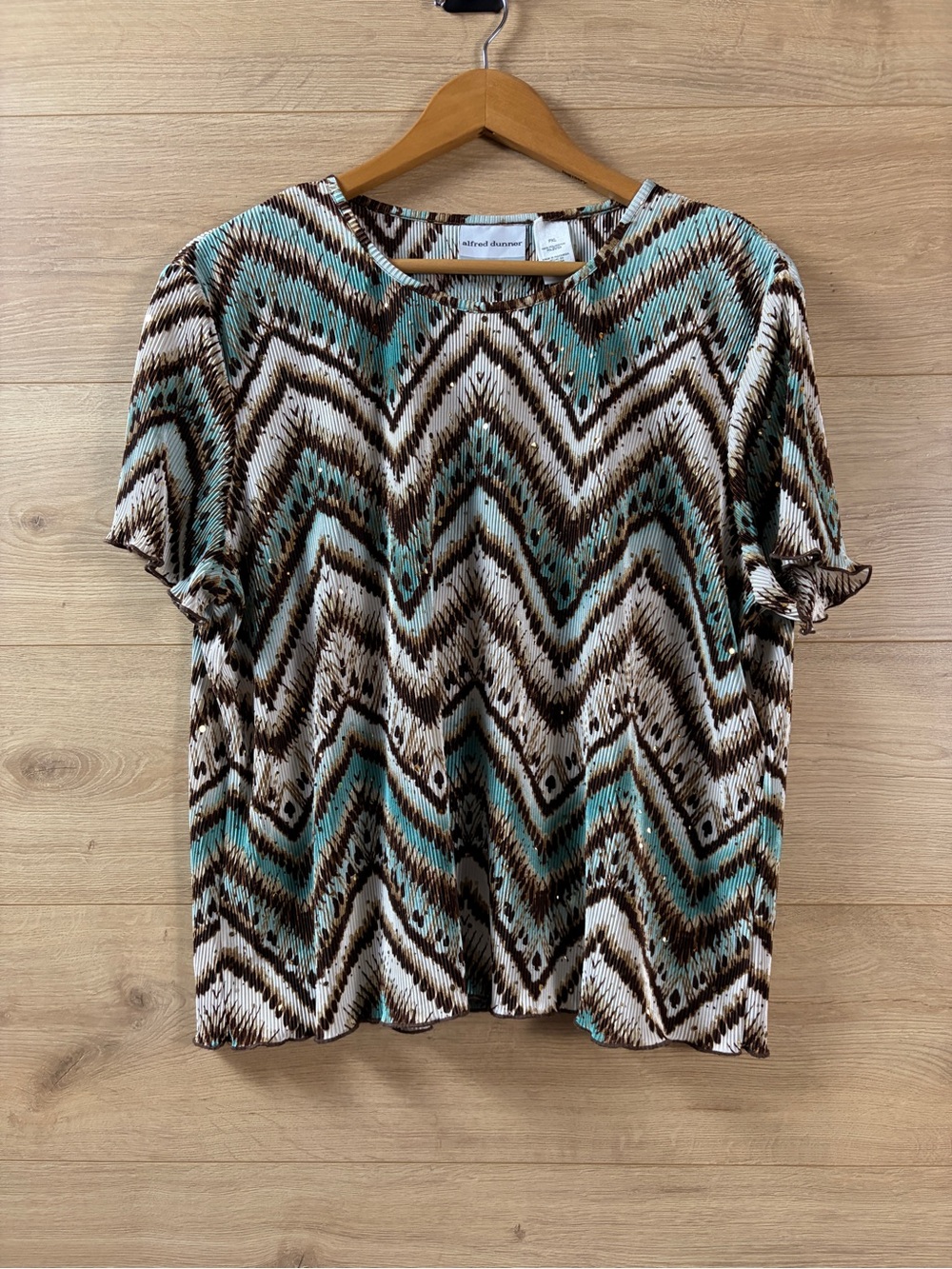 Alfred Dunner Chevron Crinkled Short Sleeve Top - PXL Turquoise & Brown